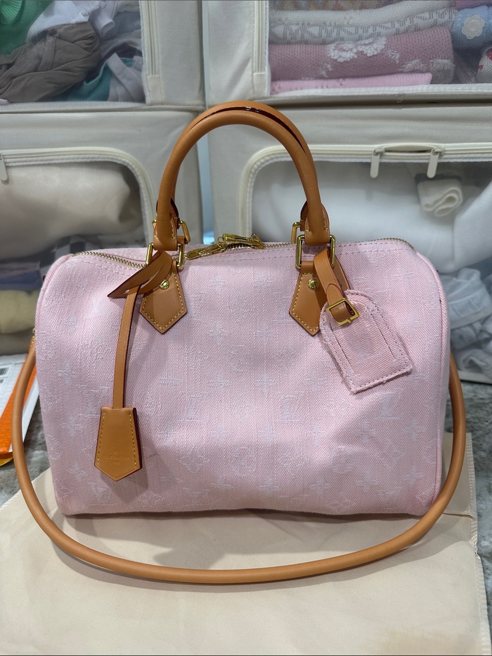 Pink Denim Satchel Handbag with Tan Trim. Nice condition